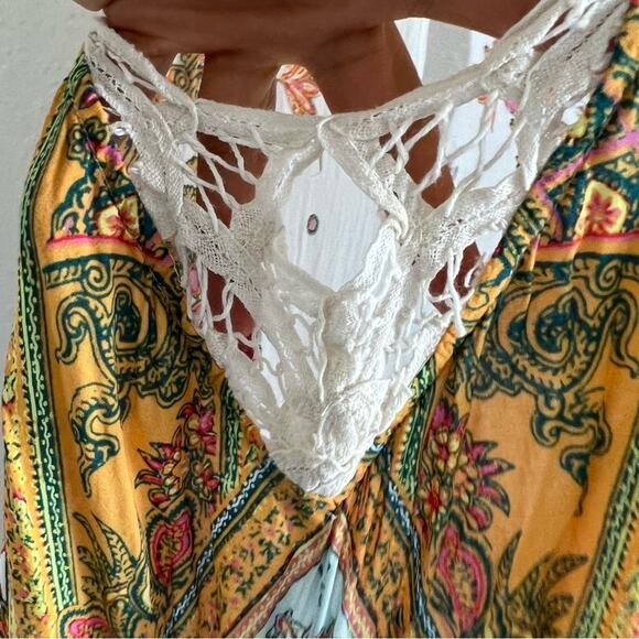 Free People Darjeeling Printed Slip Dress In Ivory Crochet Lace Sides Medium - Picture 2 of 7